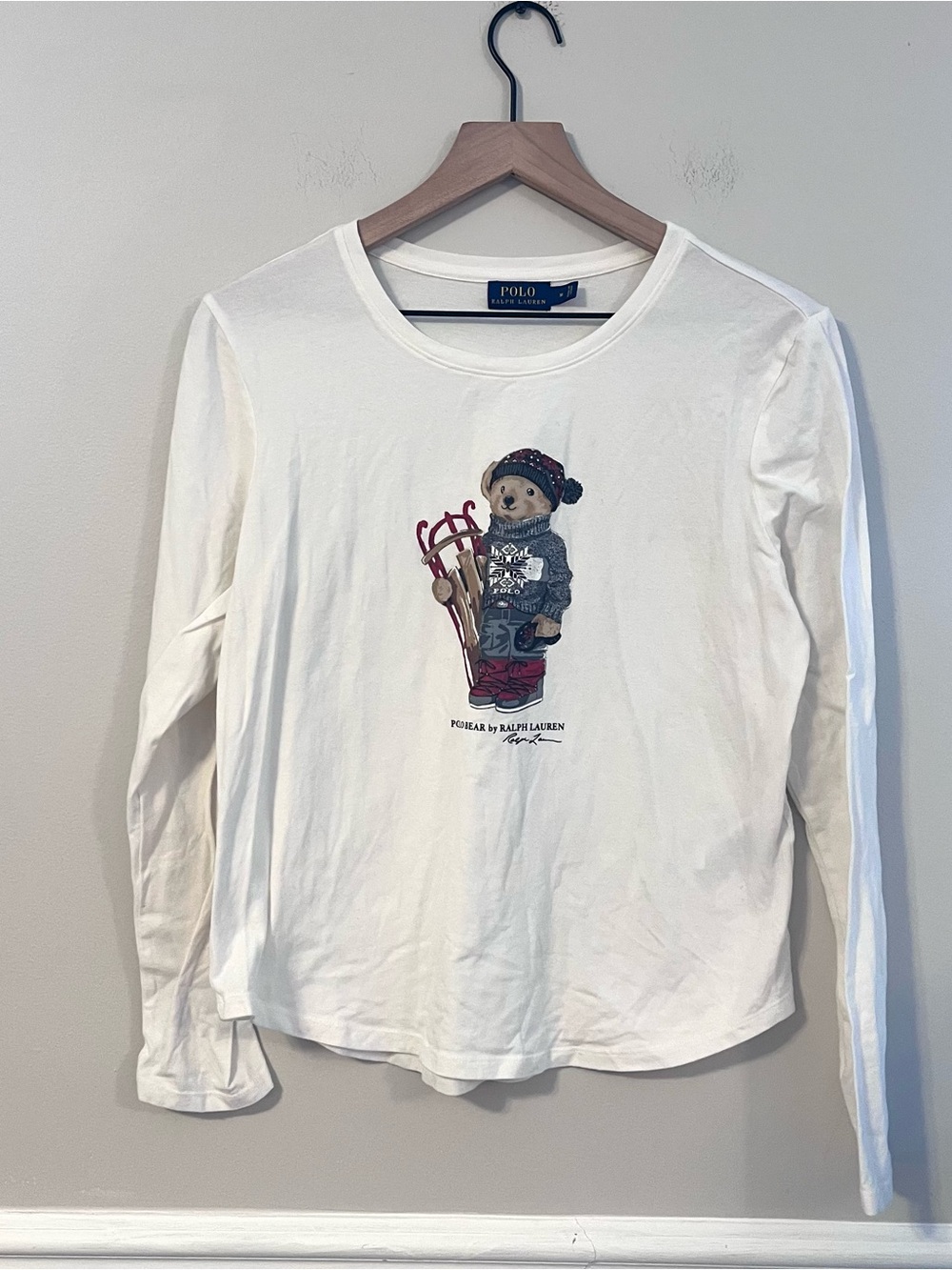 Polo Ralph Lauren Women’s Long-Sleeve Ski Bear Graphic Tee Shirt Size M Cream